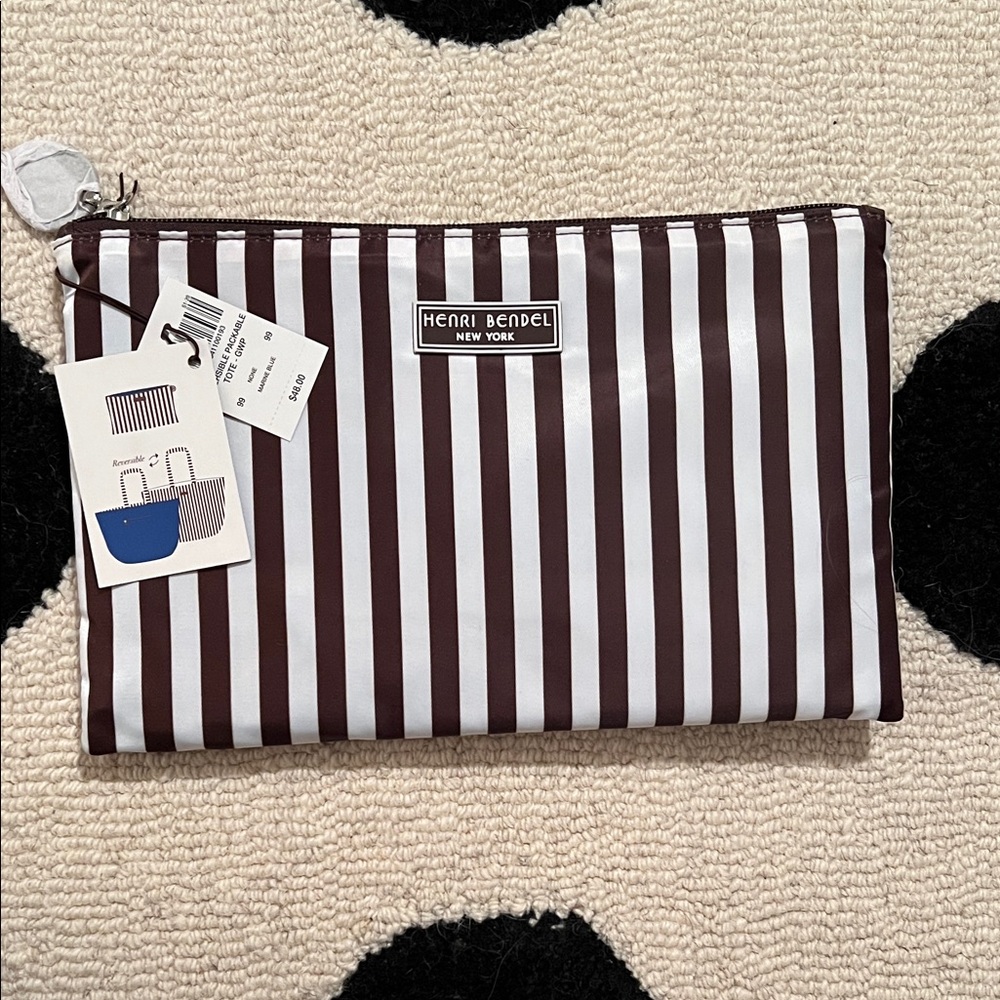 NWT Henri Bendel Brown & White Striped Reversible Packable Shopper Tote
